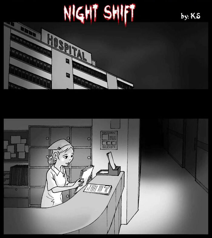 Hospital scene in DarkBox comic, showing a nurse at a desk during a night shift. Hospital scene in DarkBox comic, showing a nurse at a desk during a night shift.
