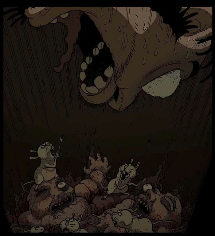 Giant face looming over monstrous creatures in a dark, chilling scene from DarkBox Comics. Giant face looming over monstrous creatures in a dark, chilling scene from DarkBox Comics.