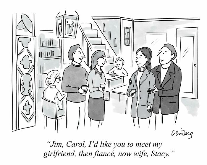 Group chat at a party with a humorous introduction in a cartoon comic.