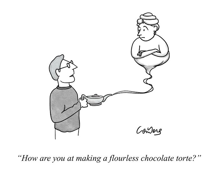 A cartoonist's comic featuring a man asking a genie about making a flourless chocolate torte.