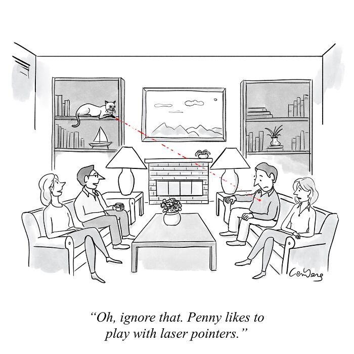 Cartoonist illustrates cat amusing guests with laser pointer in humorous comic.