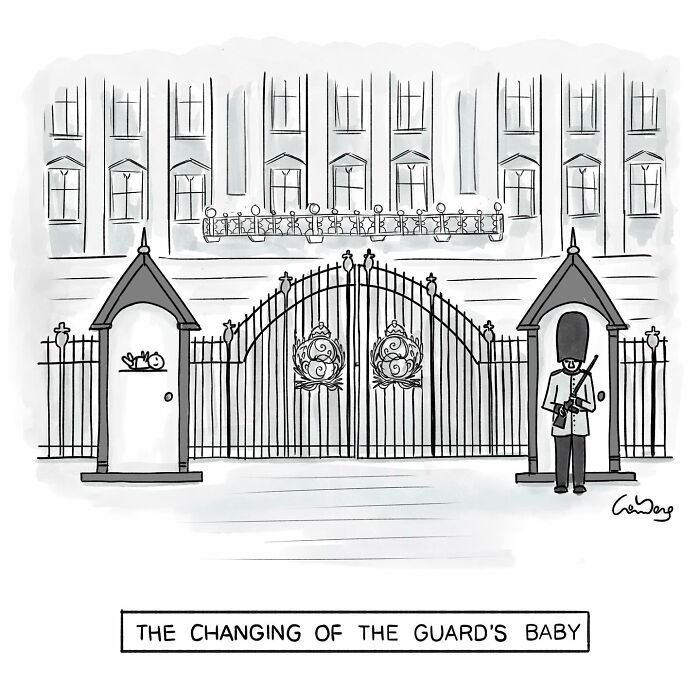 Comic showing a sleeping baby in a guard post titled "The Changing of the Guard's Baby" for funny comics.