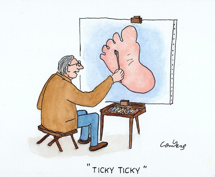 Cartoonist painting an enormous foot, adding ticklish details with a brush, humorously depicting an absurd comic scene.