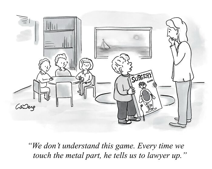 Cartoonist's comic of kids confused by a surgery board game, highlighting absurd humor.