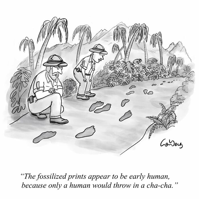 Cartoon of two explorers examining fossilized footprints in a jungle with a comedic caption about a human doing a cha-cha.