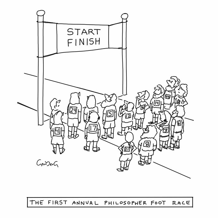 Cartoonist depicts philosophers at a foot race, starting and finishing at the same line, highlighting the absurd and funny concept.