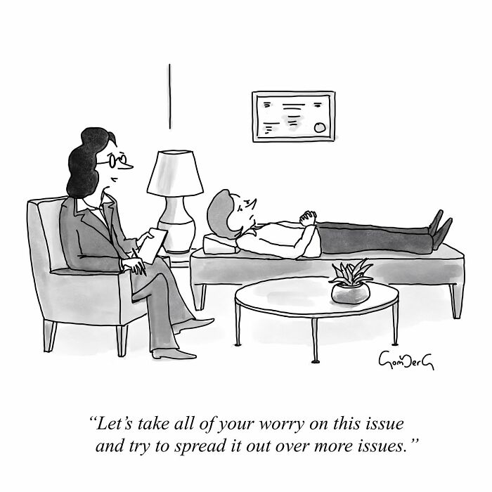 Cartoon showing a therapist telling a patient to spread worries over more issues; funny comics by a cartoonist.