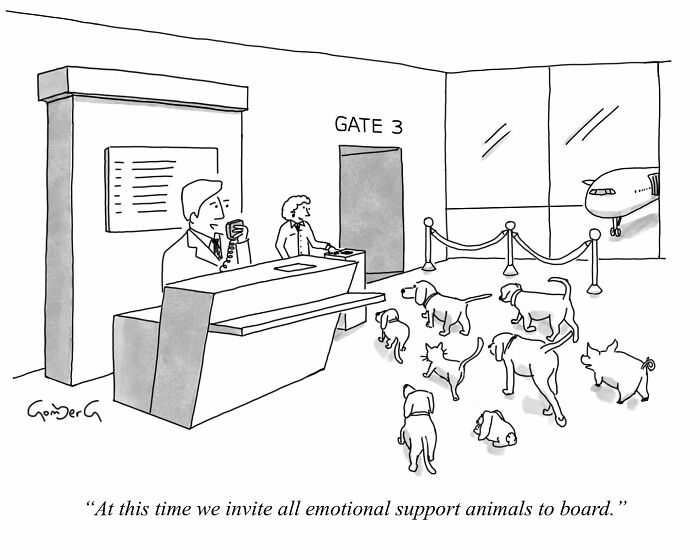 Cartoonist's comic shows emotional support animals boarding a plane at Gate 3.