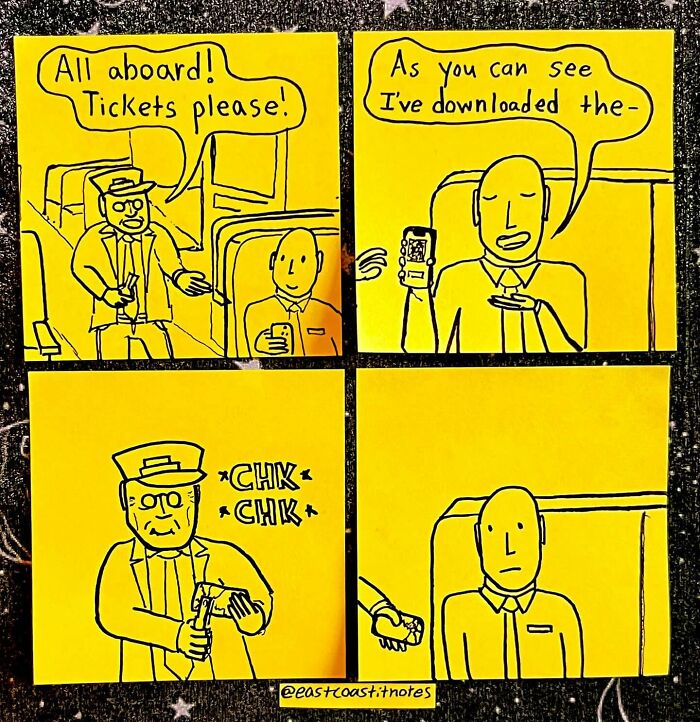 Comic strip showing a humorous train ticket encounter with a passenger using a phone app.