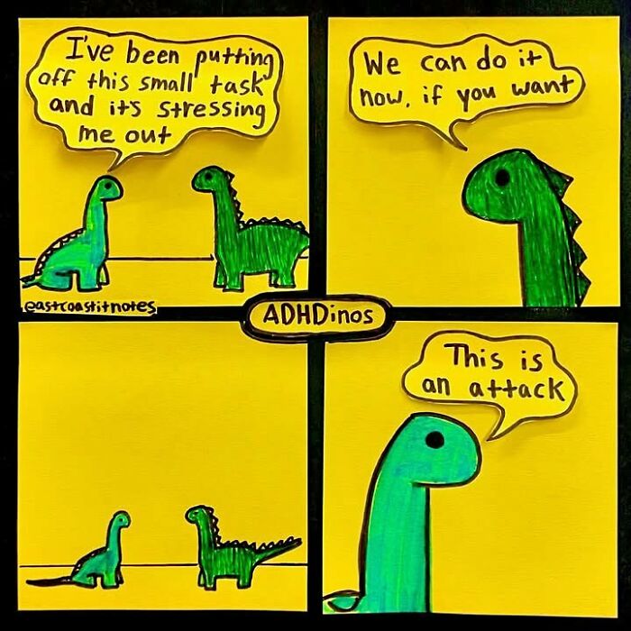 Two cartoon dinosaurs with ADHD humor, discussing procrastination and stress in a funny comic strip.