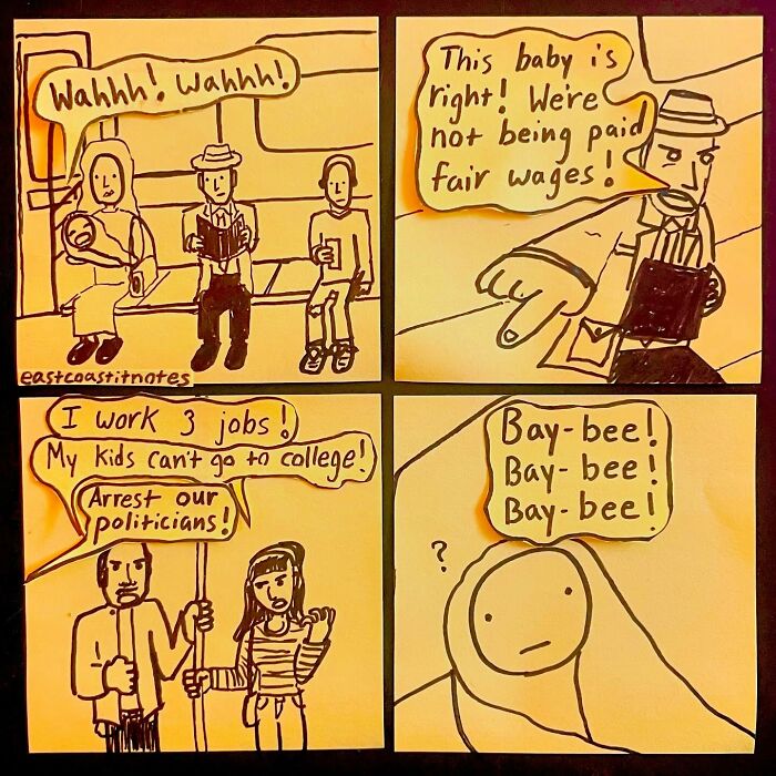 Comic strip by artist depicting a funny scene with a baby, workers, and wage protests.