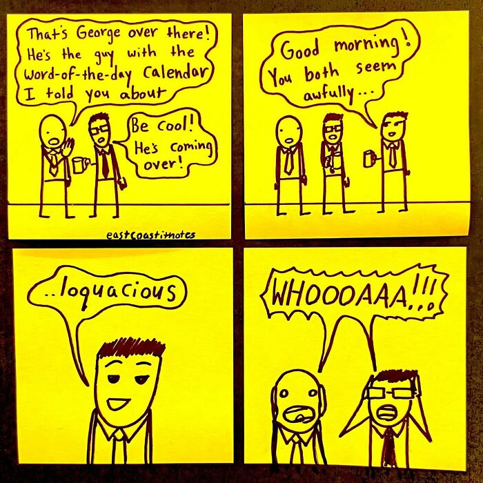 Comic strip by artist featuring funny dialogue about a word-of-the-day calendar encounter.