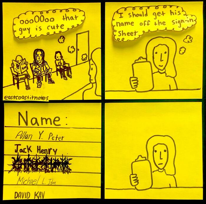 Funny comic by an artist showing a girl checking names on a sign-in sheet, humorously revealing "David Kav" as the cute guy.