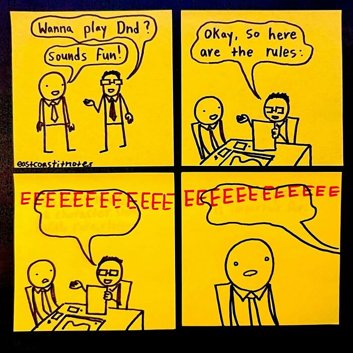 Comic strip about DnD rules with humorous twist; character's speech bubble filled with repetitive "E" characters.