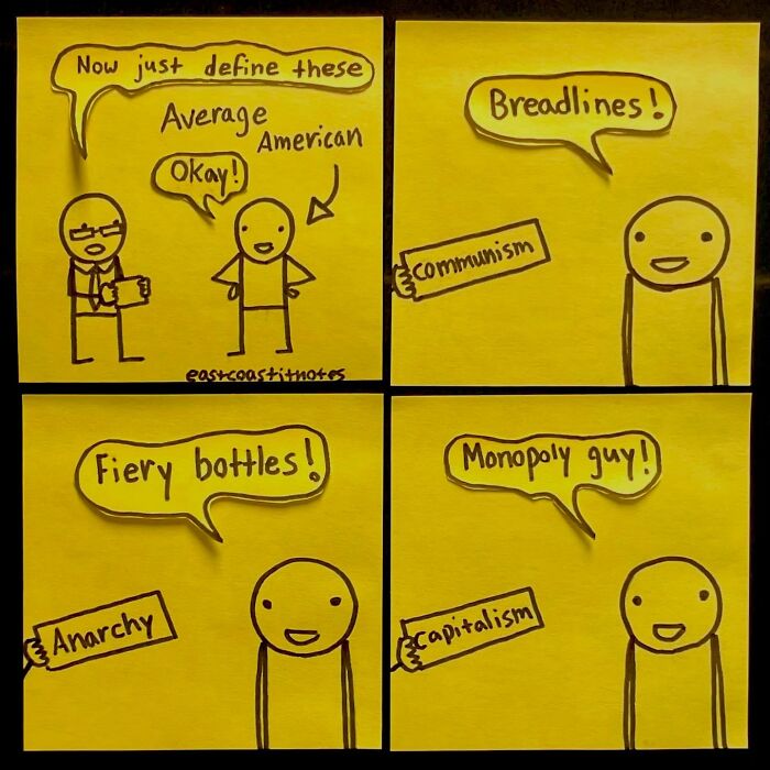 Funny comic depicting humorous interpretations of political concepts on sticky notes.