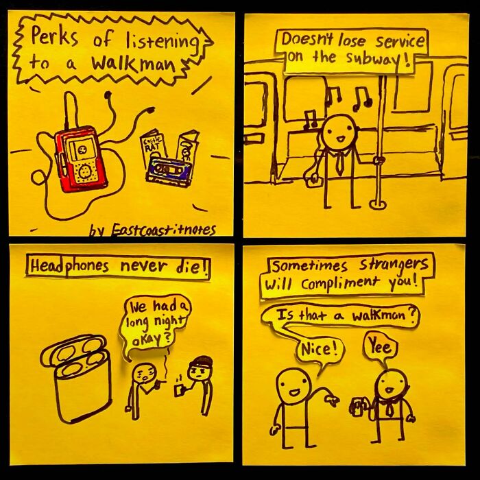 Comic about funny perks of listening to a Walkman: no service loss, compliments, durable headphones.