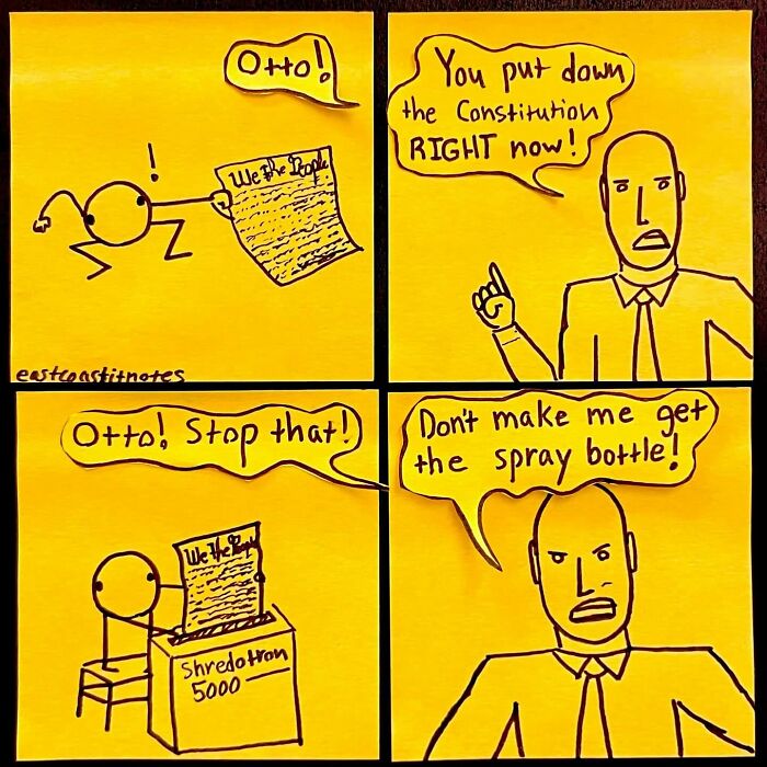 Unpredictably funny comic with character shredding the Constitution as another character warns them.