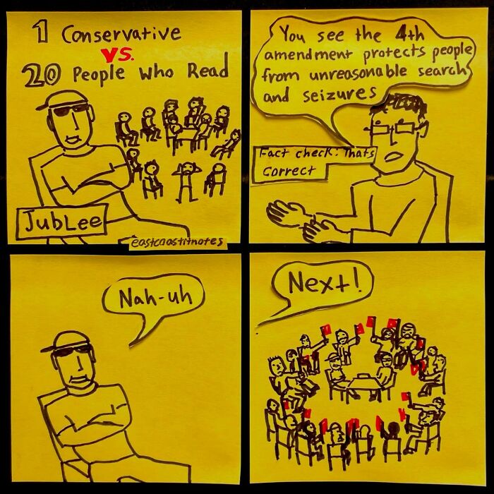 Comic strip by an artist with funny commentary on debates, showing exaggerated characters and humorous dialogue.