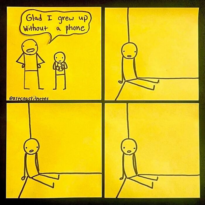 Comic with two characters. One says they're glad they grew up without a phone. Other sits alone, looking surprised.