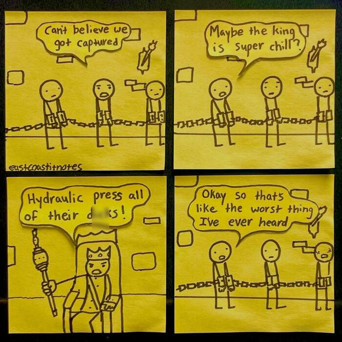 Funny comic by an artist showing captured stick figures, a king's command, and a shocked reaction.
