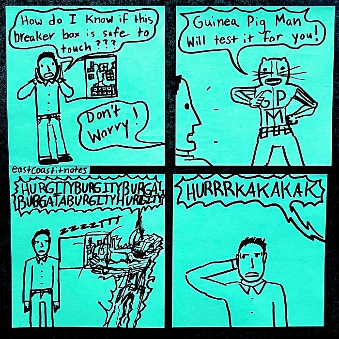 Comic by artist featuring funny characters, including a guinea pig superhero, in a series of humorous situations.