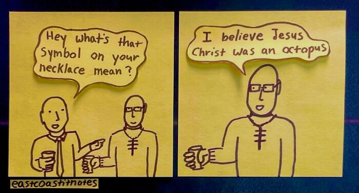 Comic with two people discussing a symbol; one claims Jesus was an octopus. Humorous art by eastcoastinnotes.