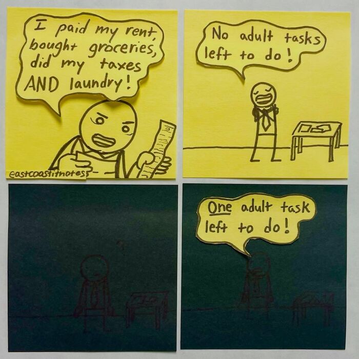Comic strip by artist shows funny tasks completed, one remains.