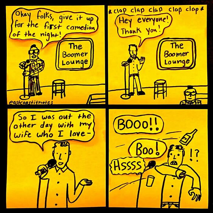 Comedian at The Boomer Lounge faces booing from the audience in a funny comic strip.