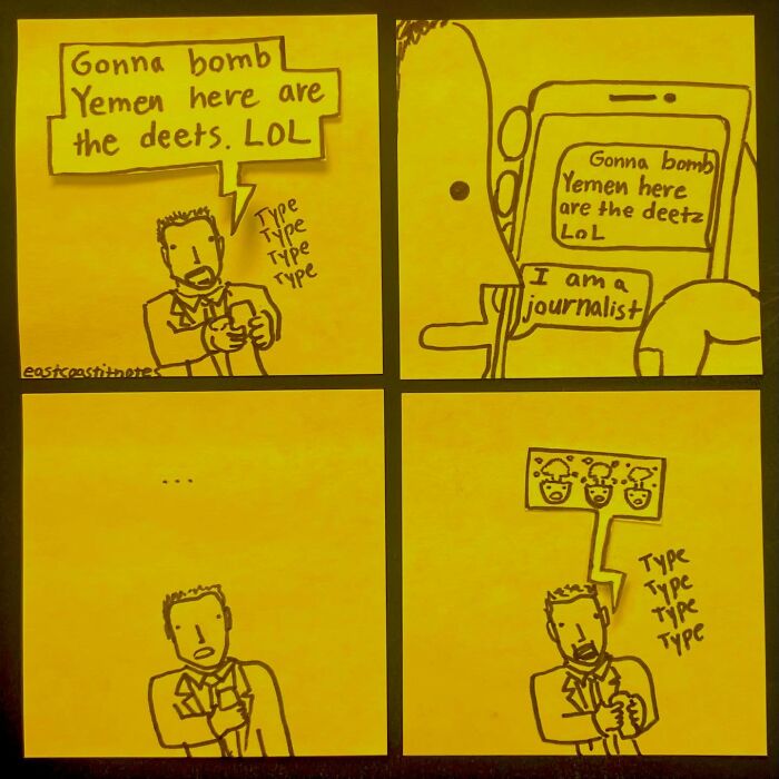 Comedian shares an unpredictable comic about texting a journalist, drawn on sticky notes.