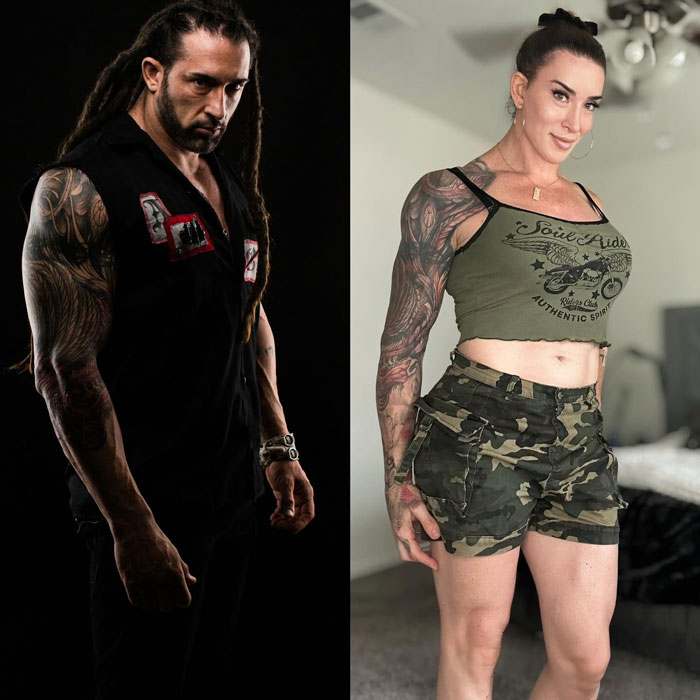 Former wrestler's drastic transition from an alpha male, comparing past and present appearance in side-by-side photos. Former wrestler's drastic transition from an alpha male, comparing past and present appearance in side-by-side photos.