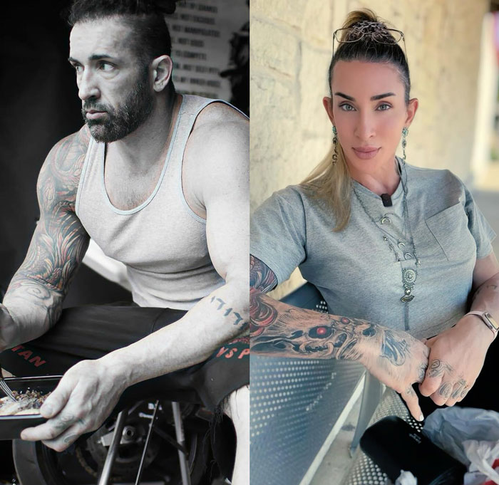 Former WWE star's drastic transition, from muscular alpha male to a woman, with tattoos visible in both images. Former WWE star's drastic transition, from muscular alpha male to a woman, with tattoos visible in both images.