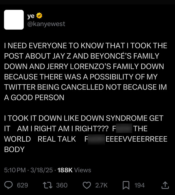 Tweet by Kanye West mentioning Jay-Z and Beyoncé's family, sparking controversy among Beyoncé fans. Tweet by Kanye West mentioning Jay-Z and Beyoncé's family, sparking controversy among Beyoncé fans.