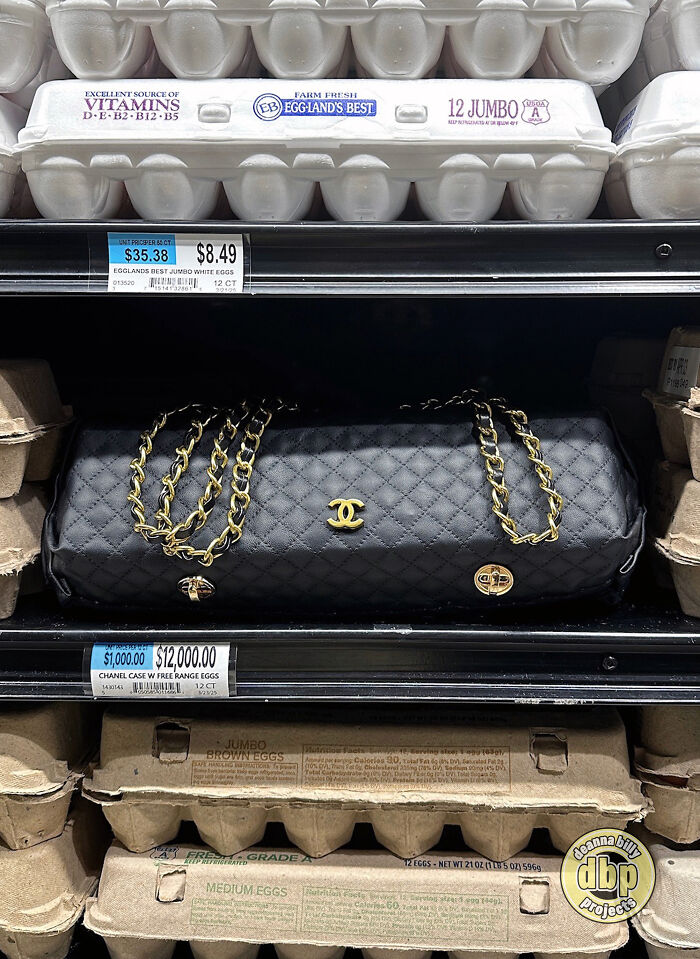 Luxury handbag designed to carry eggs, highlighting high prices, displayed on a supermarket shelf. Luxury handbag designed to carry eggs, highlighting high prices, displayed on a supermarket shelf.