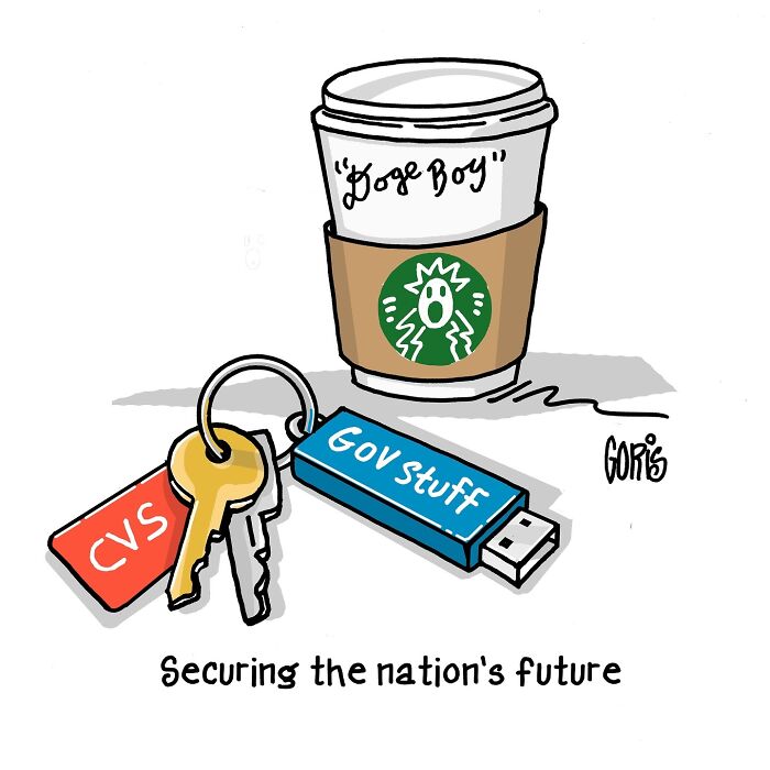 Cartoon illustrating everyday life with keys, coffee cup labeled "Doge Boy," and USB drive marked "Gov Stuff."