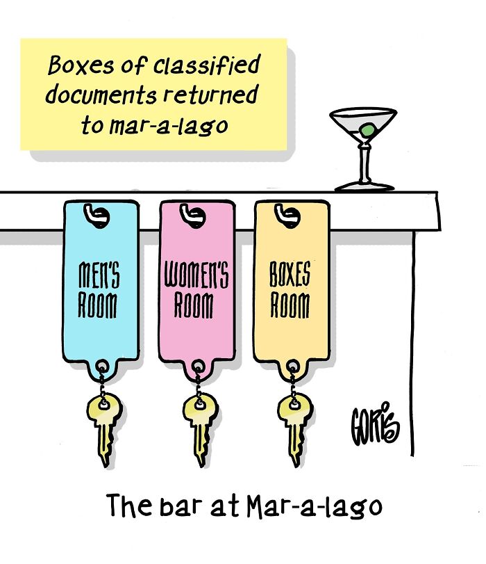 Cartoon on everyday life shows restroom keys labeled for boxes, with a martini glass above.