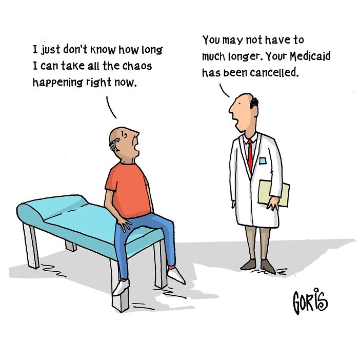 Cartoon highlights everyday life with a patient and doctor discussing Medicaid cancellation, illustrating sensitive subjects.