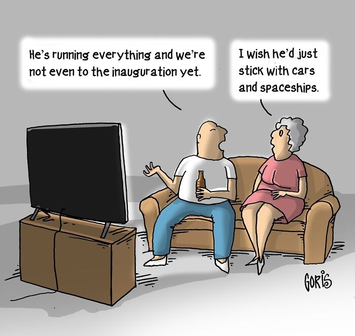 Cartoon of a couple watching TV, discussing cars, spaceships, and leadership; artist illustrates everyday life.