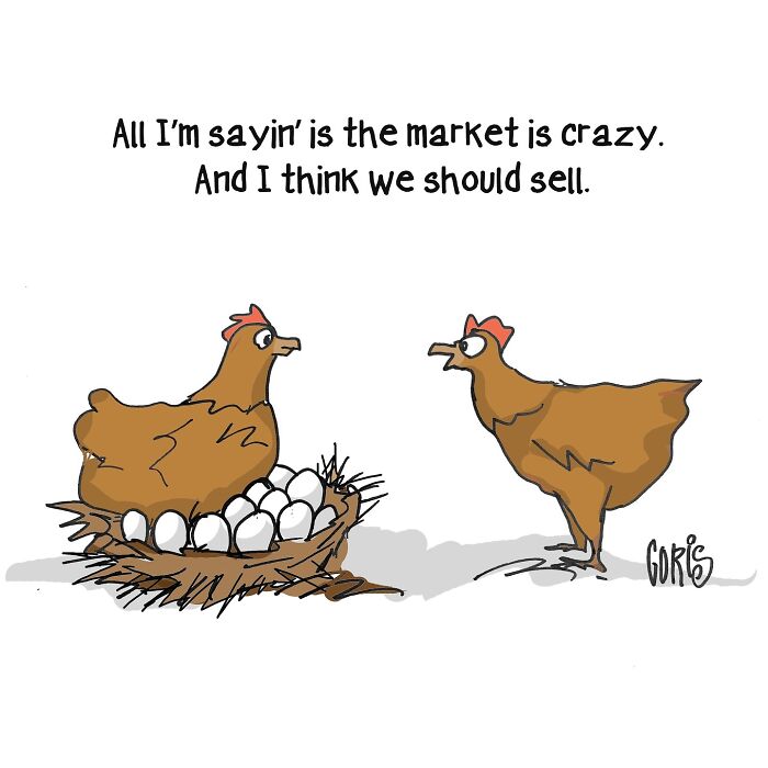 Cartoon of two chickens discussing the market, one sitting on eggs.