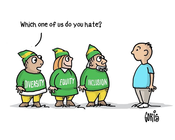 Cartoon on everyday life showing characters labeled diversity, equity, and inclusion asking a person, "Which one of us do you hate?"