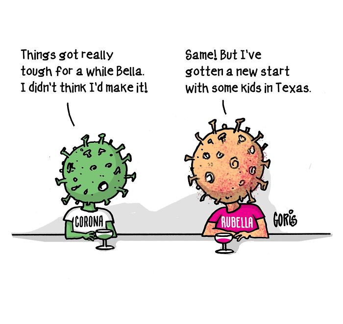 Cartoon of viruses Corona and Rubella discussing challenges in a humorous take on everyday life.