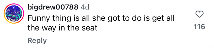 Comment about plus-size influencer wanting larger McLaren seat; humorous tone with 116 likes. Comment about plus-size influencer wanting larger McLaren seat; humorous tone with 116 likes.