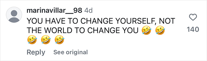Comment responding to plus-size influencer's demands with laughing emojis, suggesting self-change over altering sports car seat sizes. Comment responding to plus-size influencer's demands with laughing emojis, suggesting self-change over altering sports car seat sizes.