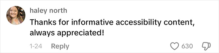 Comment from Haley North appreciating accessibility content, highlighting empowerment for plus-size communities. Comment from Haley North appreciating accessibility content, highlighting empowerment for plus-size communities.