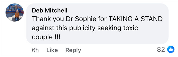 Comment from Deb Mitchell thanking Dr. Sophie for her stand against a toxic couple. Comment from Deb Mitchell thanking Dr. Sophie for her stand against a toxic couple.