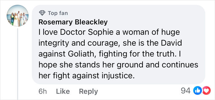 Comment praising Doctor Sophie's courage and integrity in fighting injustice; symbolizes a David versus Goliath struggle. Comment praising Doctor Sophie's courage and integrity in fighting injustice; symbolizes a David versus Goliath struggle.