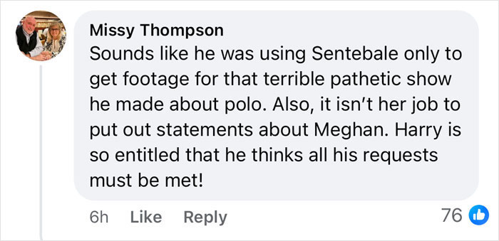 Comment about Meghan's polo event demands, discussing entitlement and role of Sentebale. Comment about Meghan's polo event demands, discussing entitlement and role of Sentebale.