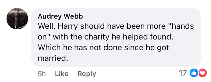 Comment criticizing Harry's involvement with charity, mentioning changes since marriage. Comment criticizing Harry's involvement with charity, mentioning changes since marriage.