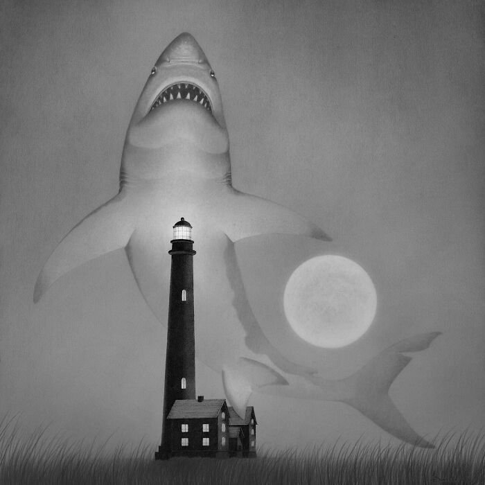 A colossal shark swims behind a lighthouse with a full moon, in an ocean-inspired illustration by Juliet Schreckinger.