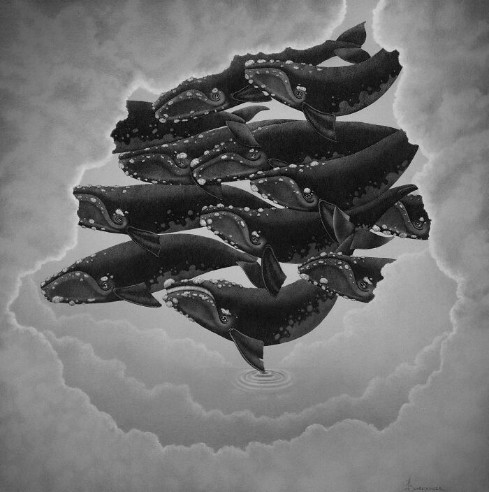 Illustration of a pod of whales in clouds, inspired by ocean and nature themes.