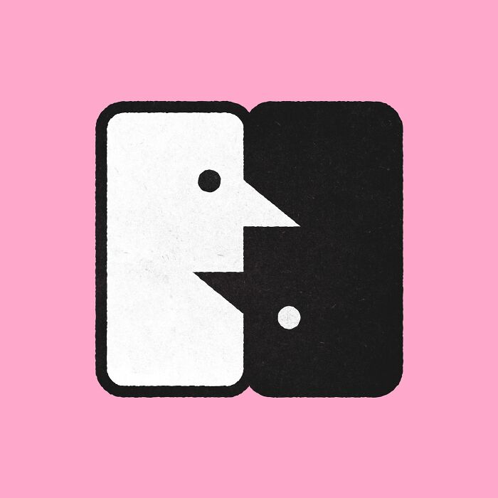 Minimalist editorial illustration by Jardel Vieira, featuring abstract faces in black and white on a pink background.